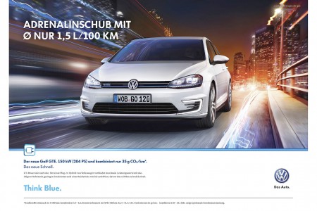 Neu, schnell, sauber und attraktiv in Szene gesetzt: Der VW Golf GTE in der Werbekampagne.